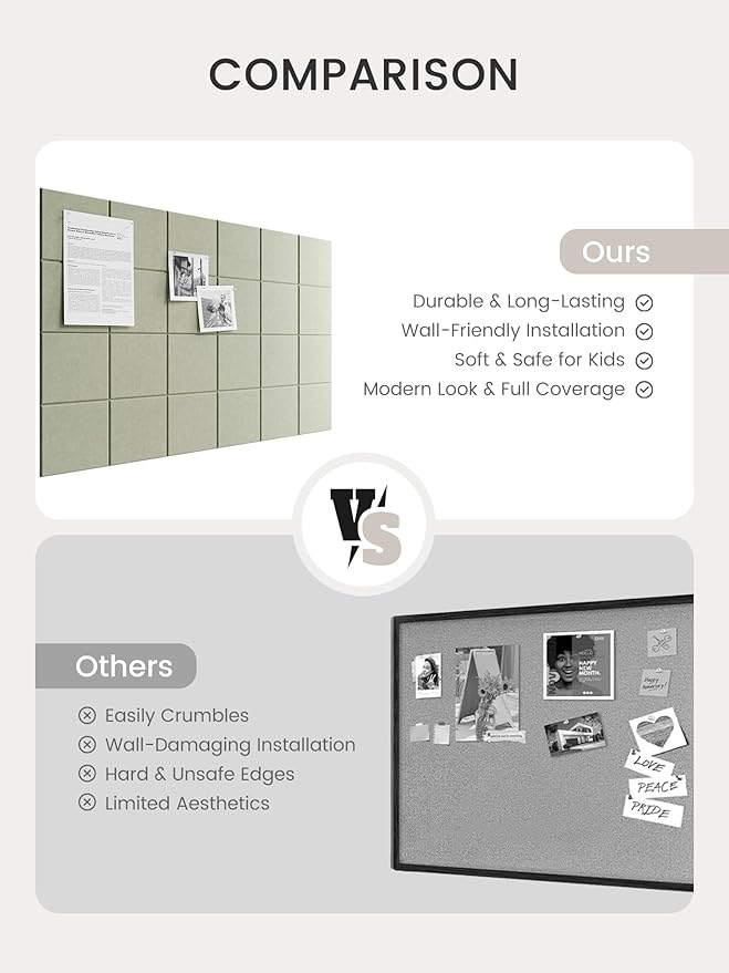 Bumusty Large Felt Bulletin Board, 36" x 24" Cork Board Alternative, 6-Pack Wall Tiles with 4-Compartment Design, 30 Push Pins, 40 Adhesive Tabs, Ideal for Office & Home Decor, Sage