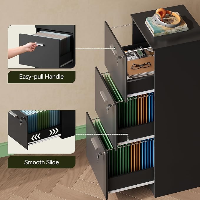 DEVAISE 3 Drawer Wood File Cabinet with Lock for Letter and A4 Size | Wooden Vertical Filing Cabinet, Home Office Filing Organizer, Printer Stand, Black