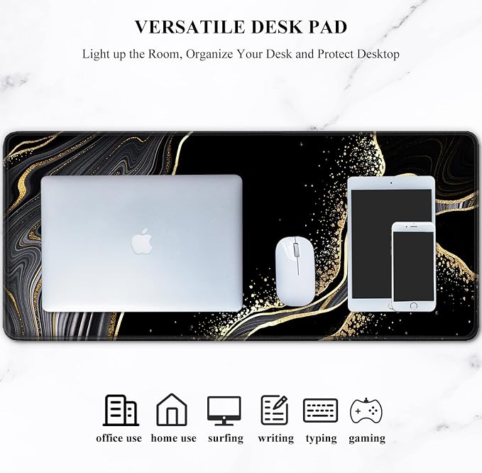 Auhoahsil Desk Pad, XL Extended Large Gaming Mouse Pad 31.5 x 11.8 Inch, Waterproof Mousepad with Stitched Edges, Non-Slip Computer Keyboard Laptop Mat for Women Men Office Work, Black Gold River
