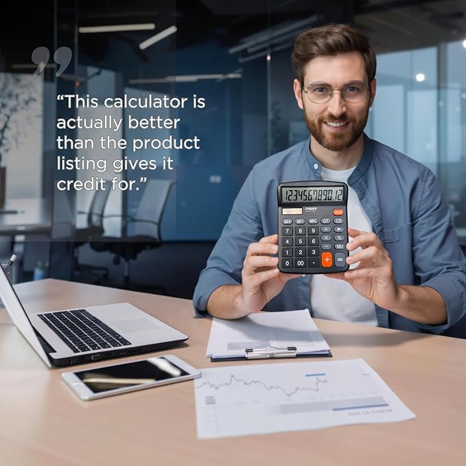 TRULY 12-Digit Desktop Calculator with Large Display, Big Buttons, Dual Power (Solar + Battery), Metal Finish, Ideal for Office, Home, School – 837A Pro Black