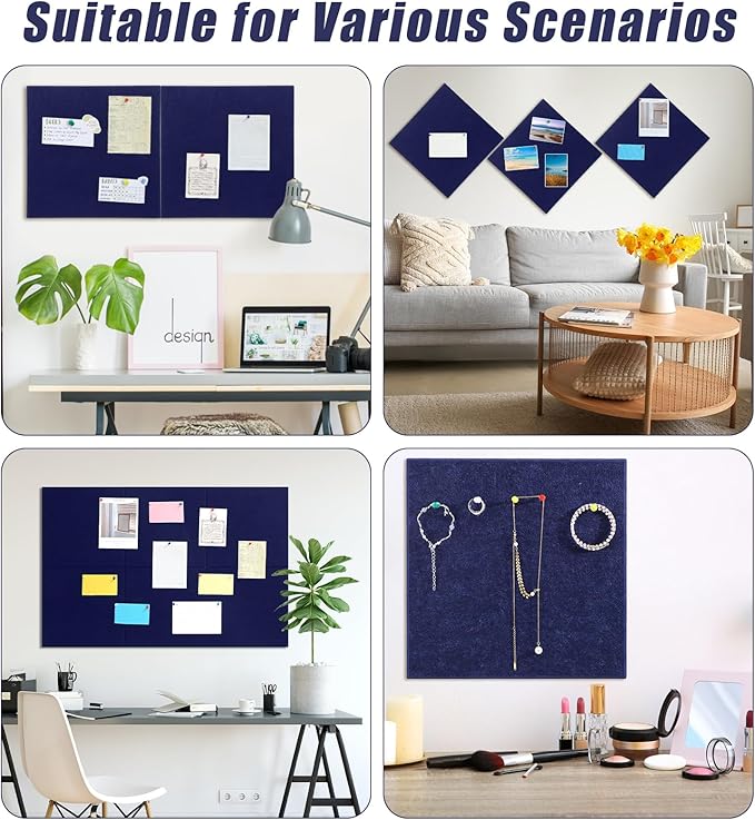 Large Cork Board 36" x 24", 6 Pack Felt Bulletin Board, Pin Boards | Includes Pushpins & Self-Adhesive Strips, Felt Wall Tiles Notice Boards for Walls Office Home School Decor - Dark Blue