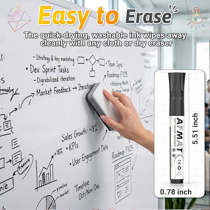 AFMAT Dry Erase Markers, 12-Count Black Whiteboard Markers, Bullet Tip, High-Capacity Liquid Ink for 1,700 Meters Writing Length, w/Visible Ink Level, Low Odor Erasable for Teacher Office Classroom