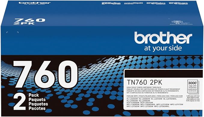 Brother Genuine High-Yield Black Toner Cartridge Twin Pack TN760 2Pk, TN7602PK,2 Pack | Twin replacement cartridges