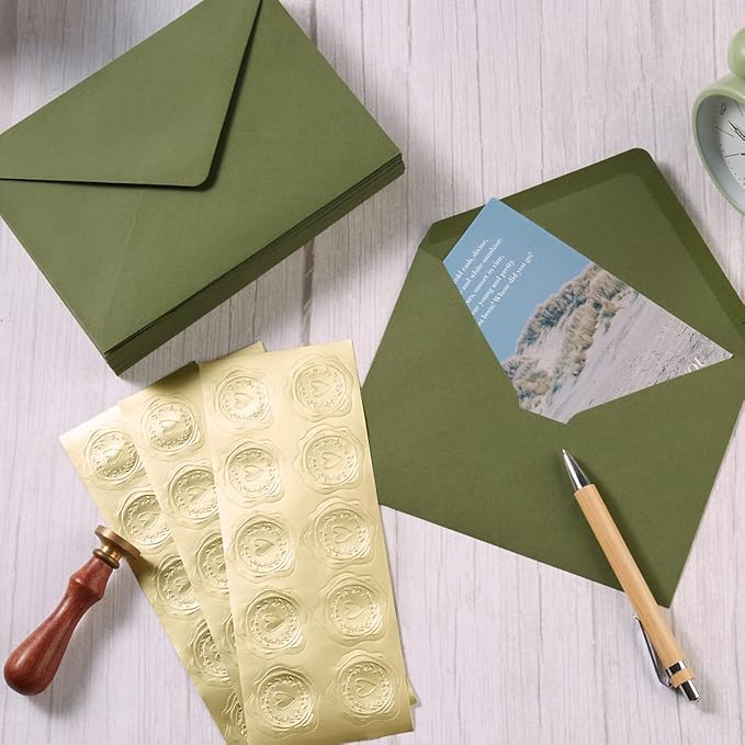 50 Pack A7 Olive Green 5x7 Envelopes Invitation Envelopes with Stickers | V Flap Colorful Envelopes, For 5x7 Cards, Birthday, Weddings, Graduations, Baby Shower, 5.24 x 7.24 Inches