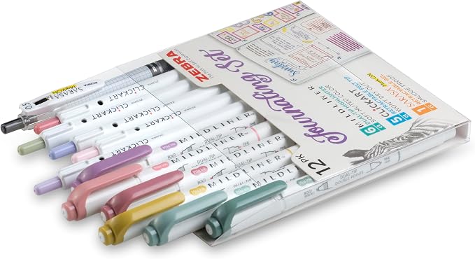 Zebra Pen Journaling Set, MILDLINER, CLiCKART & SARASA, Assorted, 12-Pack | Includes 6 MILDLINER Highlighters, 5 CLiCKART Felt Tip Pens & 1 SARASA MarkOn Pen, Ideal for Bible Study & Note-Taking (14012