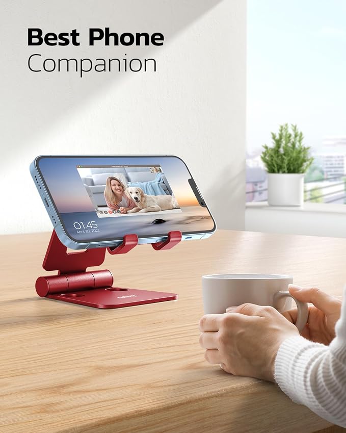 Nulaxy Full Aluminum Dual Folding Cell Phone Stand for Desk, Red | Height Angle Adjustable, Portable, Anti-Slip Base, Fits 18mm Thick Case Smartphone, Nintendo Switch Desk Essential Accessory