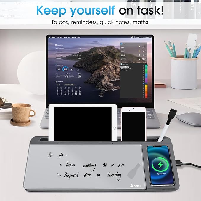 Varhomax Glass Desk Whiteboard with Wireless Charger | Desktop Dry Erase White Board with Storage, To Do List Memo Notepad for Home and Office (Gray)