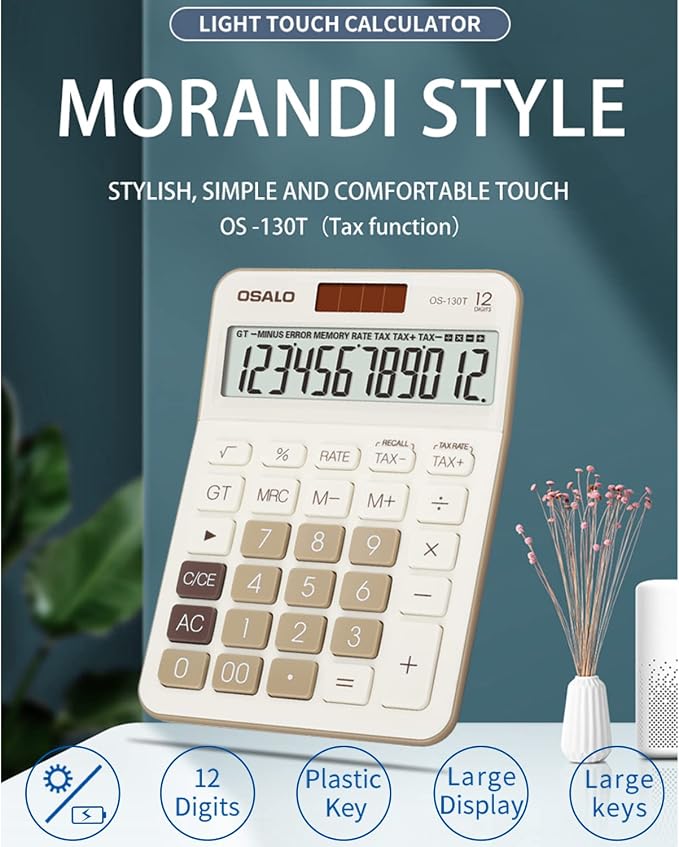 Desktop Calculator Large LCD Display 12 Digit Number Big Button Tax Financial Accounting Calculator, Battery and Solar Powered, for Desk Office Home Business Use(OS-130T Green) | Desk Calculator Large Display for Office, 4.5-Inch LCD, TAX+/TAX-, GT/MU,...