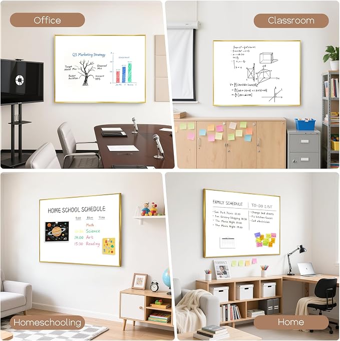 Large Magnetic Whiteboard, 48" x 36" Dry Erase White Board for Wall | Gold Aluminum Frame, Easy to Write and Erase, Wall Mounted, Presentation Board, for Home, Office, School, Kitchen