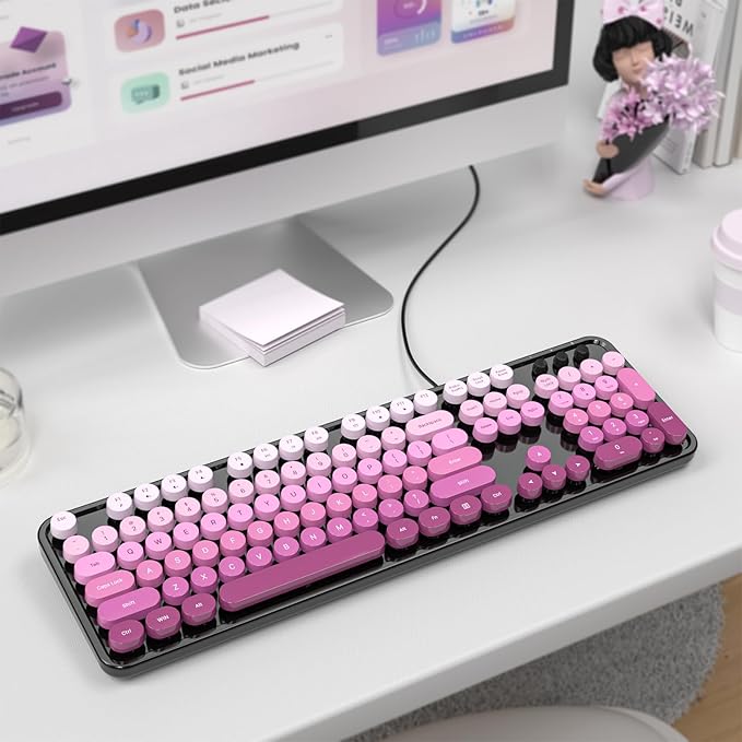 MOWUX Computer Keyboard Wired, Plug and Play USB Retro Round Typewriter Keyboard, Full Size Wired Keyboard with Foldable Stands for Laptop and Office PC- Blue with Large Print