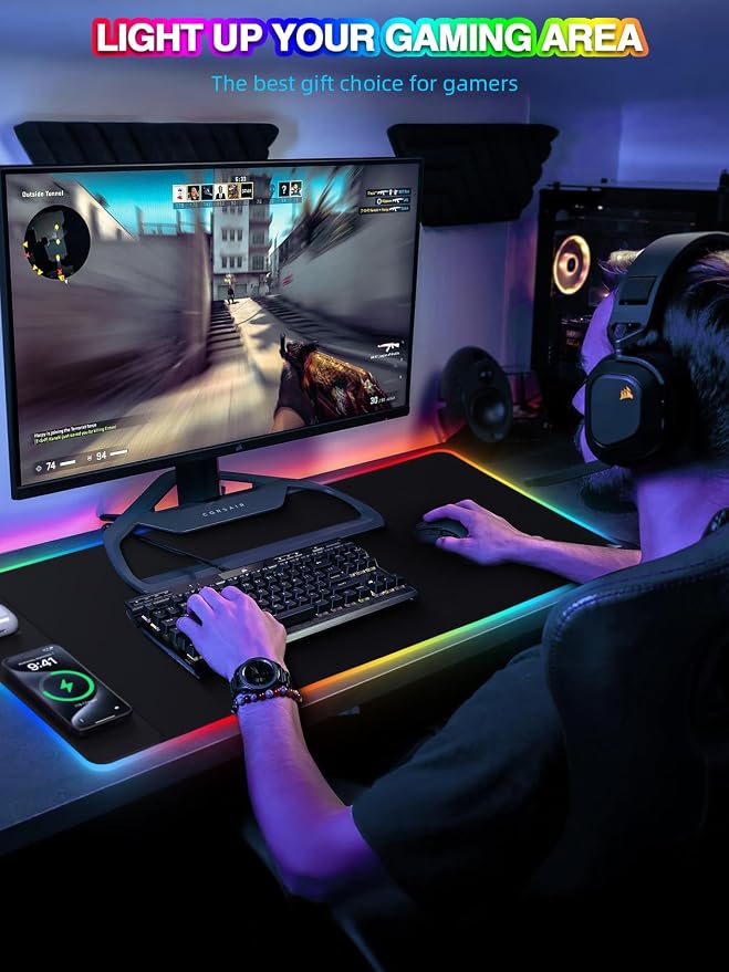Mouse Pad with 15W Magnetic Wireless Charging, RGB Mousepad for Desk Mat, XXL Desk Pad with 11 Colors 5 Modes, Home Office Keyboard Pad Waterproof Non-Slip for PC Gaming