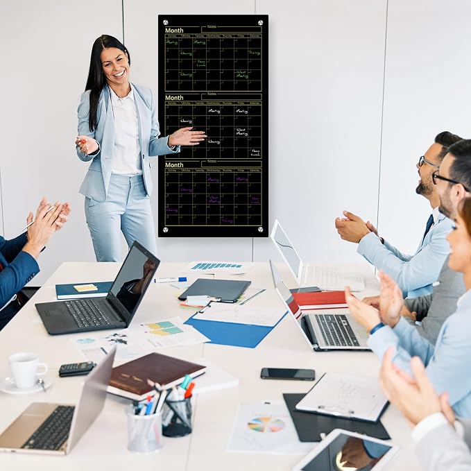 Black Glass Whiteboard Calendar 36" X 18" 3 Month Dry Erase White Board Planner Glass Large Wall Mounted Calendar with Marker Tray for Wall Home Office