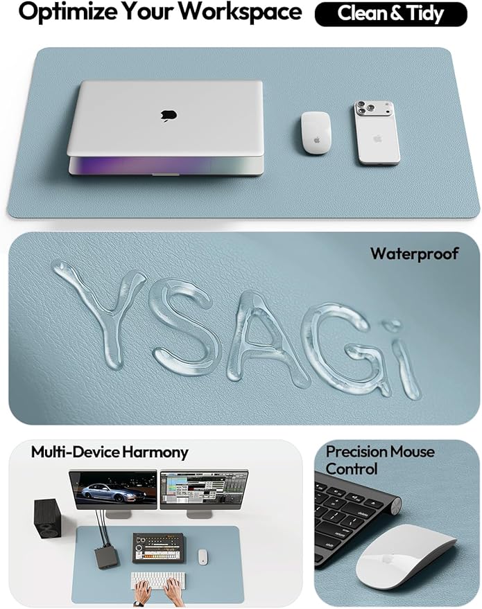YSAGi Leather Desk Protector, Office Mat, Large Mouse Mat, Non-Slip PU Leather Blotter, Laptop Desk Pad, Waterproof Writing Pad for Office and Home (Ice Blue, 23.6" x 13.8")