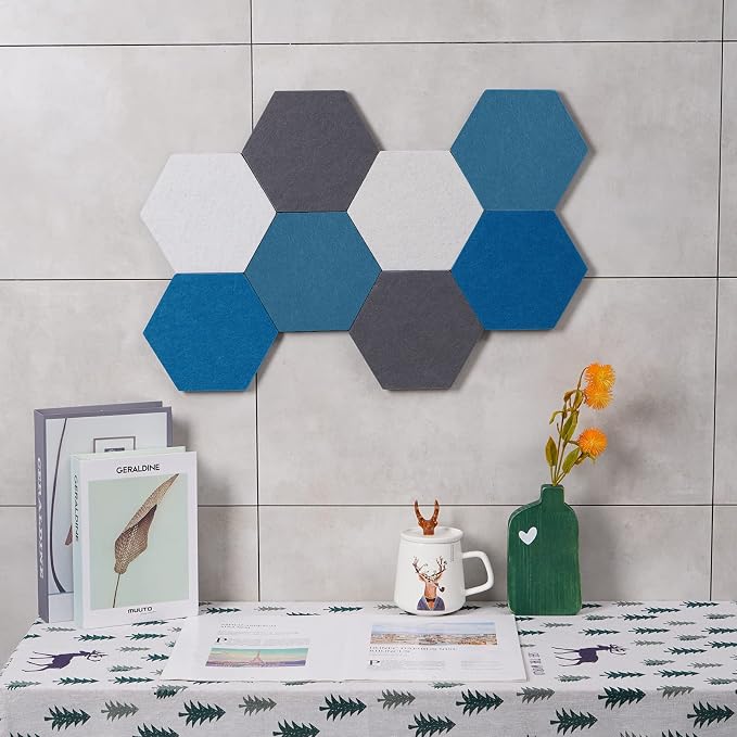 8Pcs Hexagon Felt Cork Board Tiles Self Adhesive Bulletin Board, Pin Board for Wall Decor Memos Photos Display (Set D)
