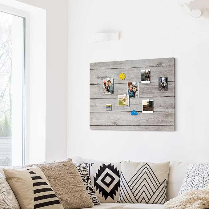 Decorative Magnetic Board for Wall, 24''x18'' Dry Erase Board, Gray Wood | Magnet Board, Display Board, Wall Mounted, for Home, Office, Kitchen, 2 Markers, 6 Magnets