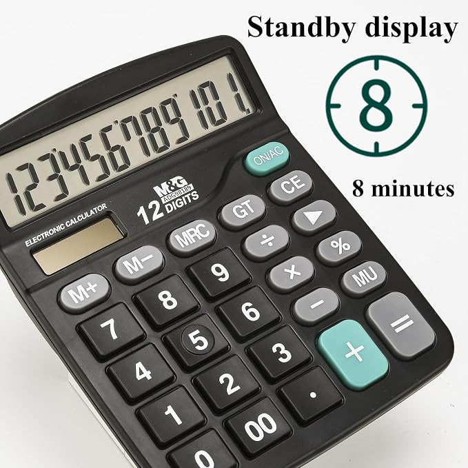 M&G Desk Calculator 12 Digit Office Calculators with Large LCD Display, Dual Solar Power and Battery, Recessed Big Button Calculator for Office Home (Black, Pack of 5)