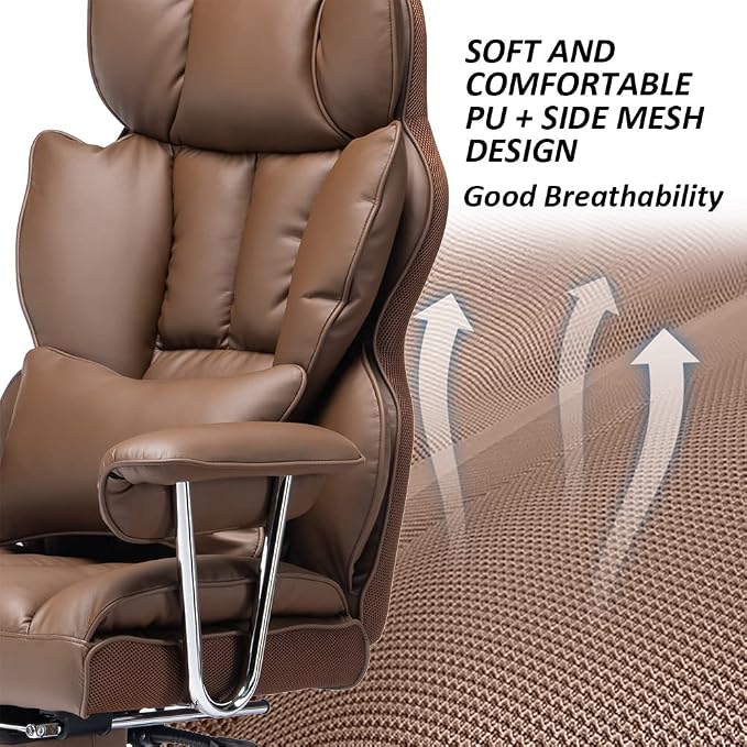 Efomao Big and Tall Office Chair 400lbs – PU Leather Executive Office Chair with Lumbar Support & Leg Rest, Heavy-Duty Computer Chair for Home Office, Brown | 400lbs support, 135° recline, dual-layer foam cushion, 23.5" seat & footrest. BIFMA
