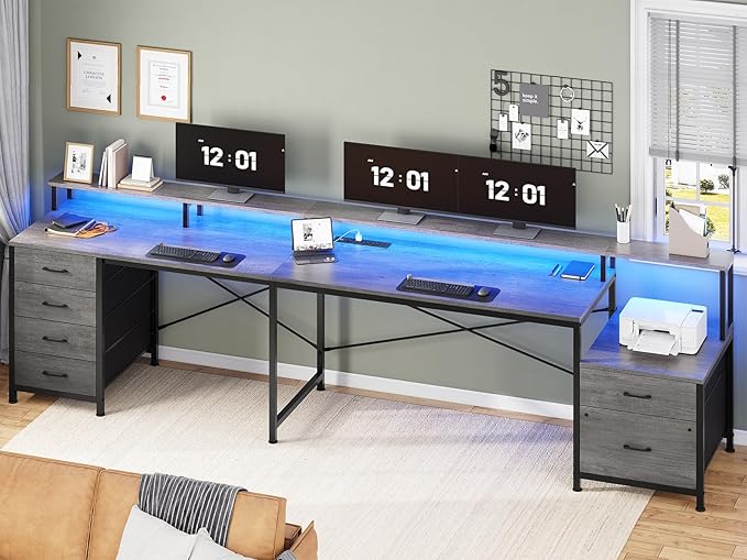 SEDETA L Shaped Computer Desk with 6 Drawer, File Drawer & Power Outlet | 108" Corner Computer Desk with Monitor Shelf, File Cabinet for Home Office/Two Person, Gaming Desk with Led Lights, Grey