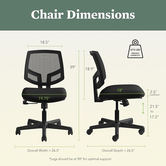 HON Volt Ergonomic Office Chair, Armless, Office Desk Computer Chair, Black | Mesh desk chair with armless design, rolling mobility, office decor, workstation seating for productivity and study