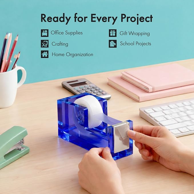 OfficeGoods Acrylic Tape Dispenser, Aesthetic and Compact Design, Blue | Modern desk accessory for office, Heavy duty refillable tape holder for crafting, Stylish desktop accessory for gift wrapping