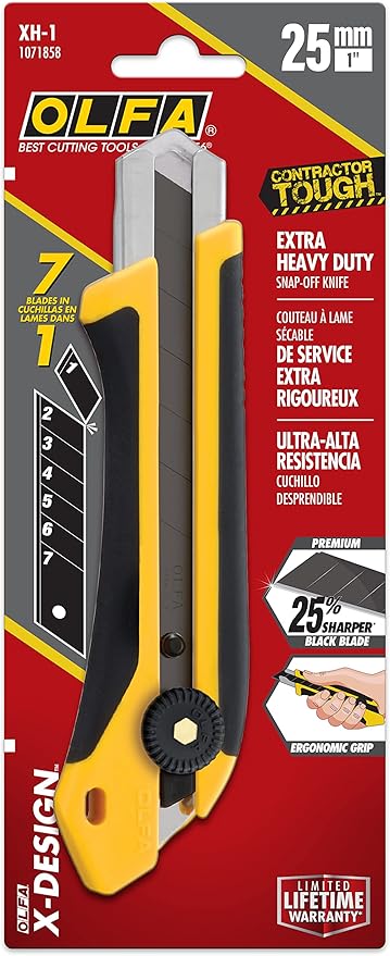 OLFA 25mm Extra Heavy-Duty Utility Knife (XH-1) - Multi-Purpose Custom Cutting Depth Utility Knife w/Reinforced Fiberglass Handle & Snap-Off Blade, Replacement Blades: Any OLFA 25mm Blade