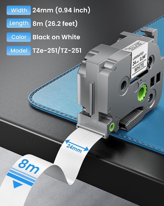 Replacement for Brother TZe-251 TZe251 P Touch Label Maker Tape 1 Inch | TZe TZ Tape 24mm 0.94'' Laminated White, Compatible with Brother PT-D600 PT-D610BT PT-P710BT PT-P700 PT-P910BT, 5-Pack