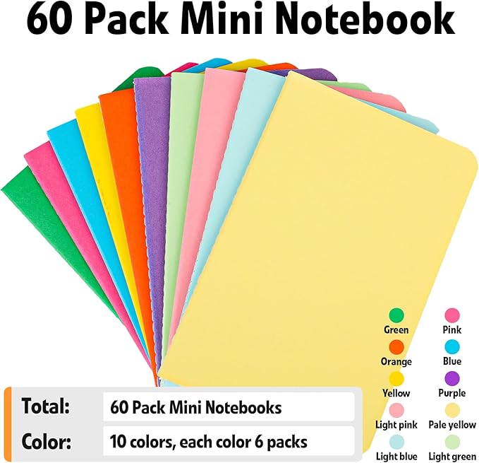 60 Pack Small Lined Notepads Bulk, Mini Journal Pocket Notebooks Set 3.5 Inch x 5.5 Inch, Colored Cover Notebook for Kids, 10 Colors 24 Sheets (48 Pages) for Traveler, Students, School Supplies