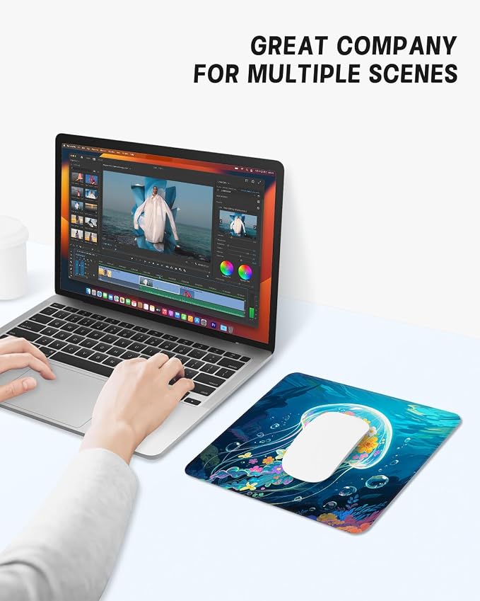 Mouse Pad, Cute Mouse Mat, 10" x 8", Colorful Jellyfish | Square Waterproof Gaming Computer Mat, Textured Top, Stitched Edges, Non-Slip Rubber Base for Office Home Laptop Keyboard