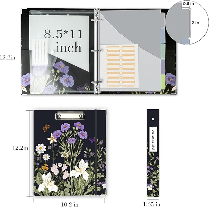 3 Ring Binder 1 Inch, Three Ring Binders Organizer with Clipboard, 5-Tabs Pockets Dividers, Plastic Folder, 18 Divider Stikers, BVSSX Pretty Binder with Pen Loop (Black Weeds, Letter Size)