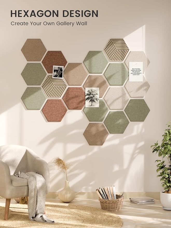 Fluxynara 10-Pack Hexagon Cork Board Alternative, Boho | Felt Bulletin Board with 50 Adhesive Tabs, Ideal for Vision Boards and Wall Decor in Homes, Offices, Classrooms, and Dorms