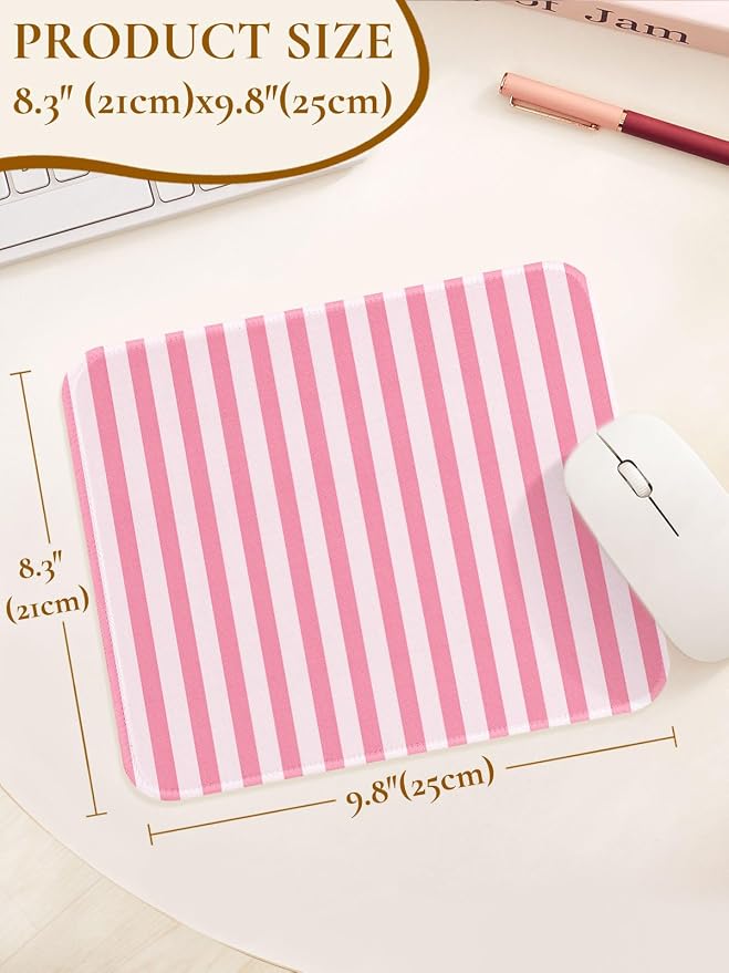 Square Cute Striped Mouse Pad with Stitched Edge, Premium Waterproof Cloth Aesthetic Small Mouse Mat, Non-Slip Rubber Base Simple Funny Mousepad Desk Accessories,Rose Pink