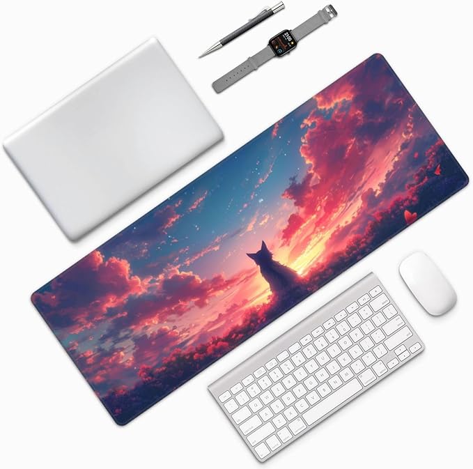 Gaming Mouse Pad Desk Pad,Extended Big Mouse Pad,31.5x11.8 Inch Long Computer Keyboard Mouse Mat Mousepad with 3mm Non-Slip Base and Stitched Edge for Gaming and Office⦠(Sunset Cat)