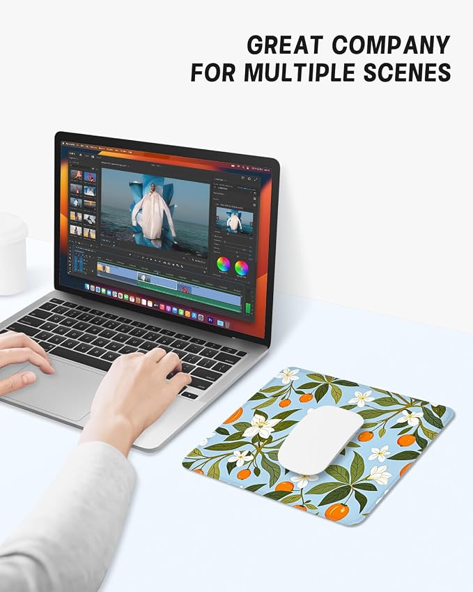 Mouse Pad, Cute Mouse Mat, 10" x 8", Light Blue Flower | Square Waterproof Gaming Computer Mat, Textured Top, Stitched Edges, Non-Slip Rubber Base for Office Home Laptop Keyboard