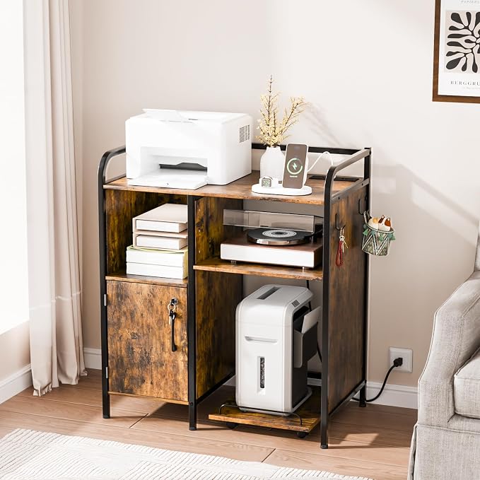 VINGLI Multifunctional Printer Stand with Trolley, Paper Shredder Stand Rack with Wheels, Lateral Office Storage Cabinets with Socket and USB Charging Port, Open Shelves for Home Office, Rustic Brown