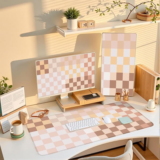 Checkered Boho Desk Mat Beige Pink Mouse Pad XXL Pastel Retro Large Mouse Pad with Stitched Edges, Keyboard Pad Mouse Mat for Computer Aesthetic Office Decor Desk Matt for Desktop 31.5 X 15.7In