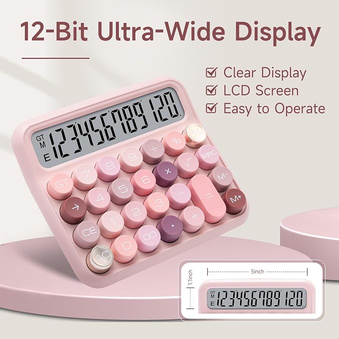 VEWINGL Mechanical Keyboard Calculator, 12 Digit LCD, Big Buttons | 5-Inch Display with Large Round Keys and 15° Tilt for Office, School, Home, and Everyday Use