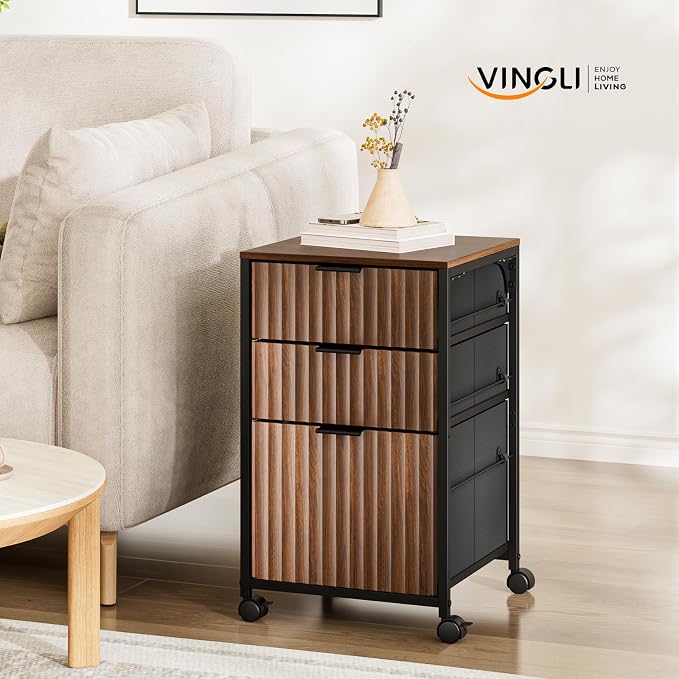 VINGLI 3 Drawer Fluted File Cabinet, Rolling File Cabinet Mobile Under Desk File Cabinet with Wheels, Fabric Drawers Printer Stand for Home Office, Fits Letter Size, Walnut