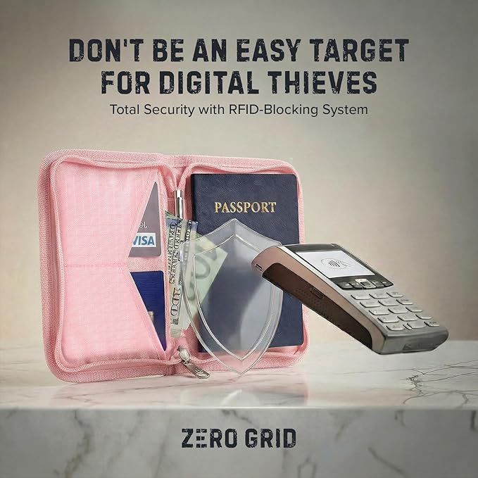 Zero Grid RFID Family Passport Holder for up to 6 Passports, Large Zippered Wallet for Men & Women, Fits Cards, Cash, ID, Sim Card, AirTag; Premium & Compact Travel Document Holder - Rose Pink