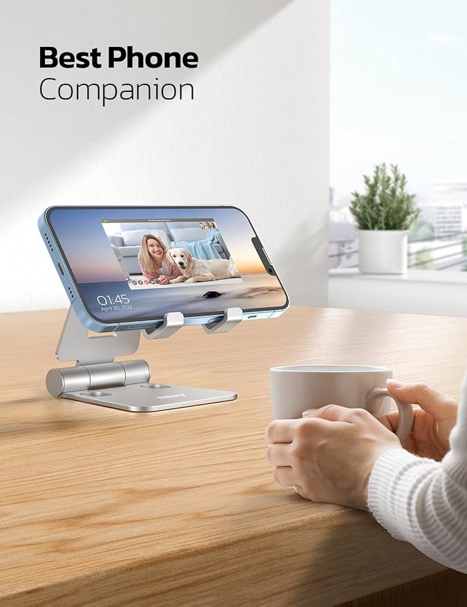 Nulaxy 2 Pack Aluminum Dual Folding Cell Phone Stanr for Desk, Silver | Height Angle Adjustable, Portable Phone Holder Fits 18mm Thick Case, Anti-Slip Base, Smartphone Desktop Essential Accessory