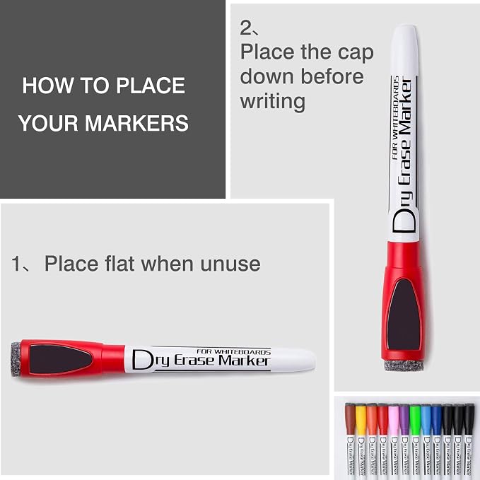 Volcanics Magnetic Green Dry Erase Markers with Eraser, Fine Tip, 12 Pack | Low Odor Whiteboard Pens for Whiteboards, Glass, Calendars, Office, Classroom, School, Home, Easy Erase, Quick Dry Ink