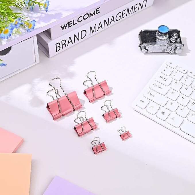 Temiary Binder Clips, Mini Metal Binder Paper Clip Pink 0.6 Inch, 60 Pcs | Colored Binding Paperwork Clamp Bulk for Office, Home, School
