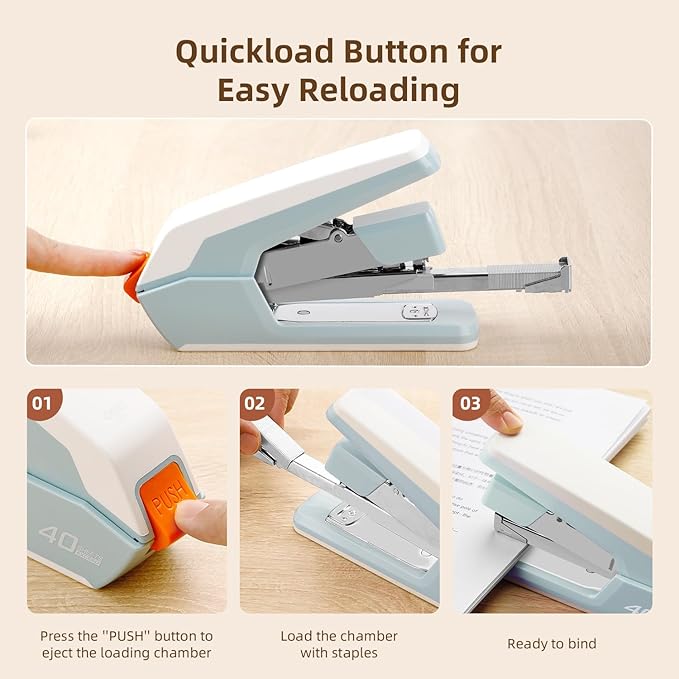 Deli Effortless Desktop Stapler, Heavy Duty Stapler, Blue | 40-50 Sheet Capacity, One Finger, No Effort, Includes 1500 Staples & Staple Remover