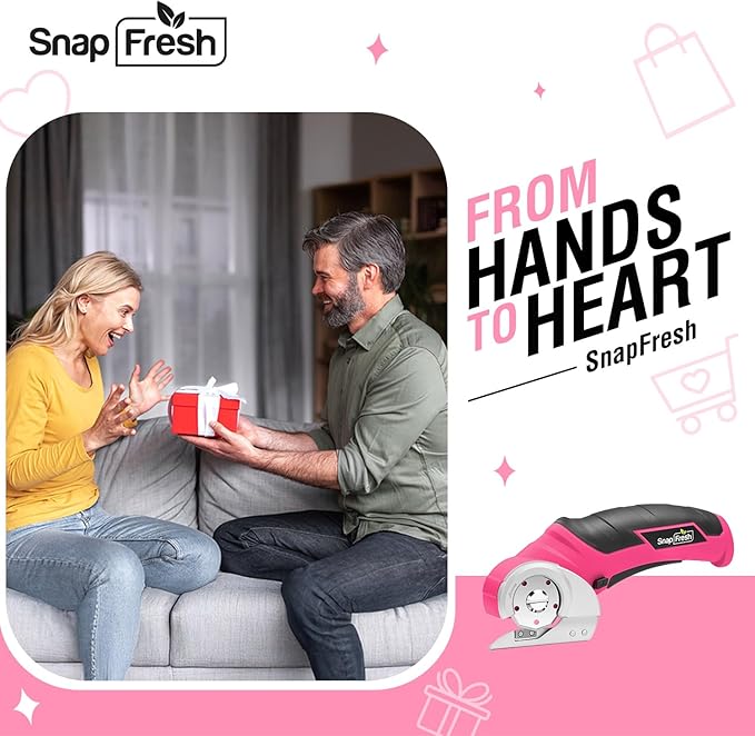 SnapFresh Cordless Electric Scissors, 4V Rechargeable Electric Box Cutter for Cardboard Boxes, Carpet & Paper, Rotary Cutter for DIY Projects, Safety Box Cutter with Battery & Type-C Cable (Hot Pink)