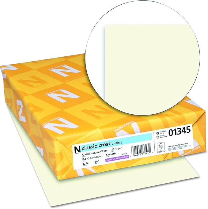 Neenah Paper 01345 Classic Crest Premium Paper, 24 lb, 8.5 x 11 Inches, White, 500 Sheets per Ream, Classic Natural White (Pack of 2)