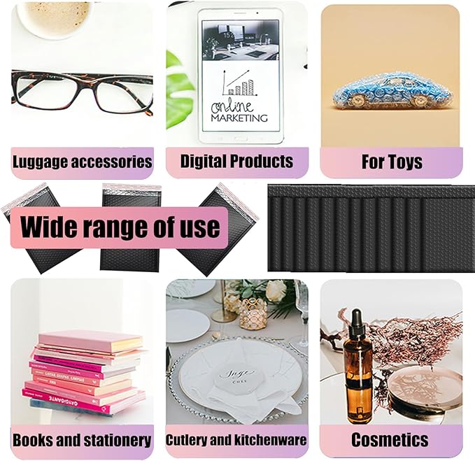 50 PCS Bubble Mailers, Black Poly Padded Envelopes, Waterproof Shipping Bags, Self Seal Cushion Envelopes for Mailing, Shipping, Packing, Small Business, 3 Sizes