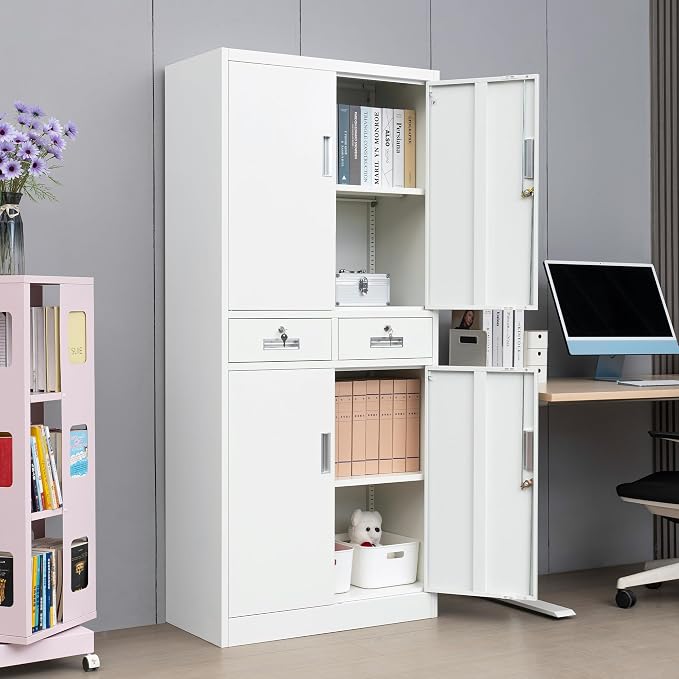 Wanfu Metal Storage Cabinet, Locking Storage Cabinet with Adjustable Shelves and 2 Drawers, 16" D x 32" W x 71" H Steel Cabinets for Office, Garage, Home, Classroom, Utility Room(White)