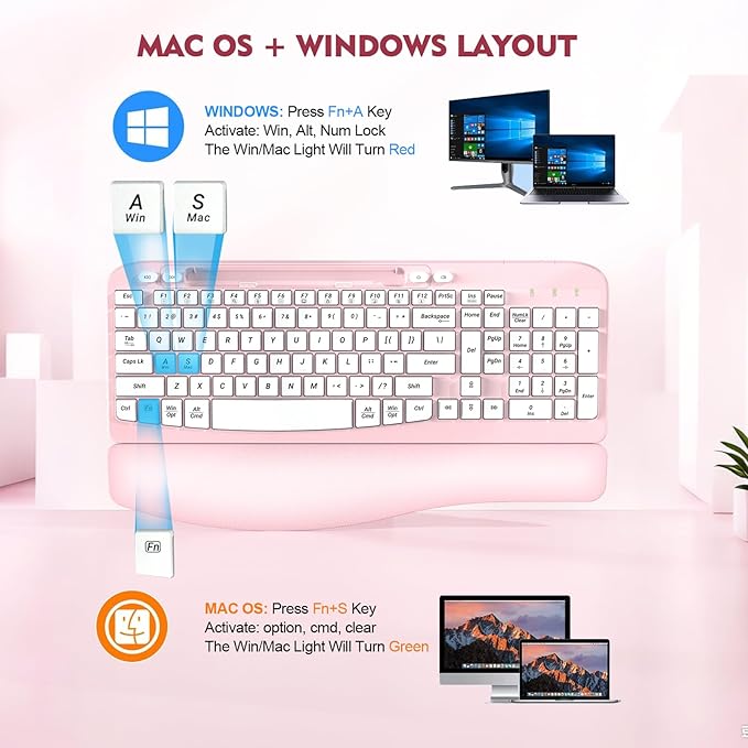 EAYBLLY 2.4G Wireless Ergonomic Keyboard, Full Size Wave Keys with Memory Foam Wrist Rest & 7.28in Phone Holder, USB-C Adapter Included for Windows Mac Chrome OS, Office or Home (Pink)