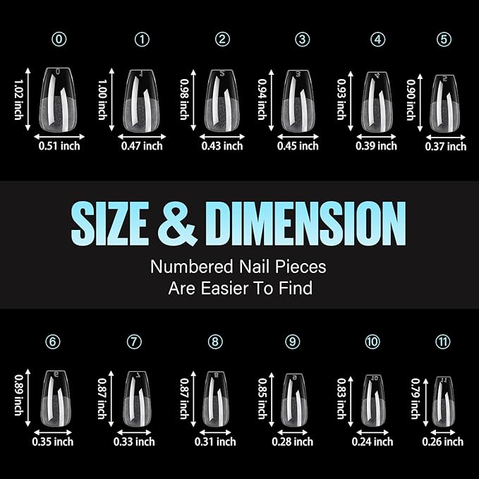 TOMICCA Medium Coffin Nail Tips, 504Pcs Half Matte Soft Acrylic Nail Tips, 12 Sizes Acrylic Pre-Shaped Nails, Full Cover False Nails for Extension Nail