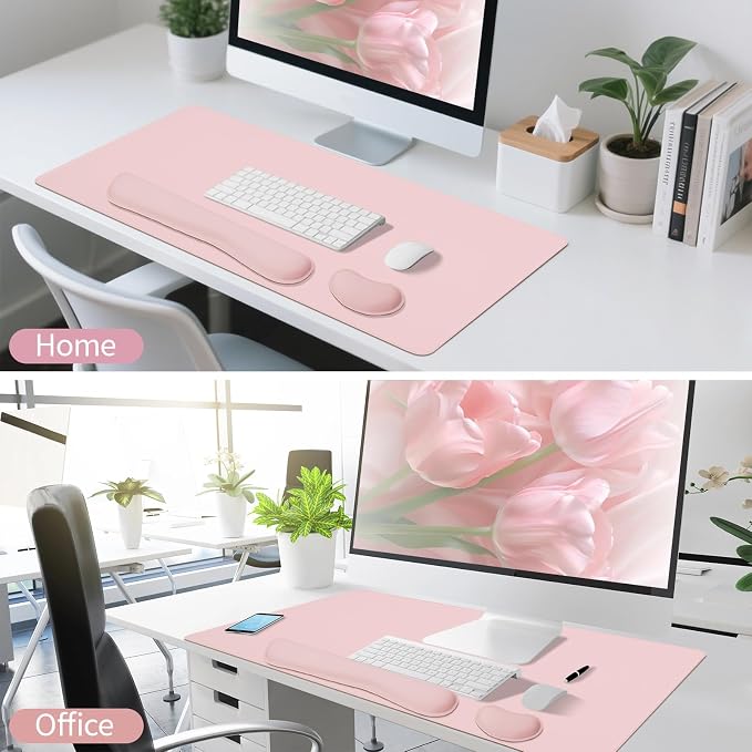 Pink Leather Desk Pad and Keyboard Wrist Rest, 47.2"x23.6" | 3in1 Mouse pad + Keyboard Wrist Rest + Mouse Wrist Rest, Non-Slip Waterproof Desk Writing Pad for Office and Home