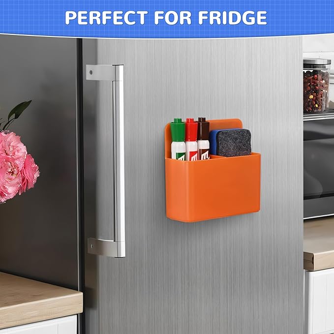 Magnetic Dry Erase Marker Holder, Magnetic Pen Marker Holder for Whiteboard, Fridge, Locker Accessories, School, Office, Home, Magnet Pen Cup,1 Pack, Orange